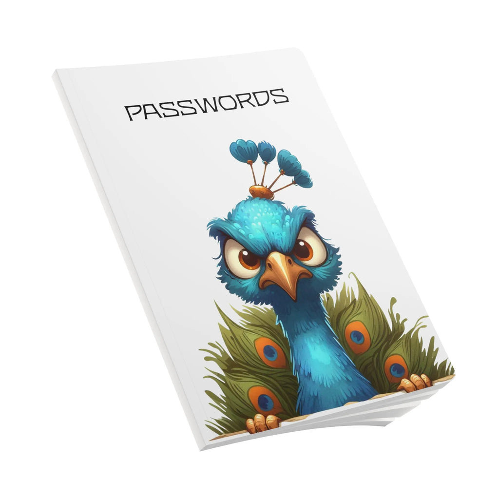 Softcover passwords journal featuring a blue, angry-looking peacock illustration on the white cover.