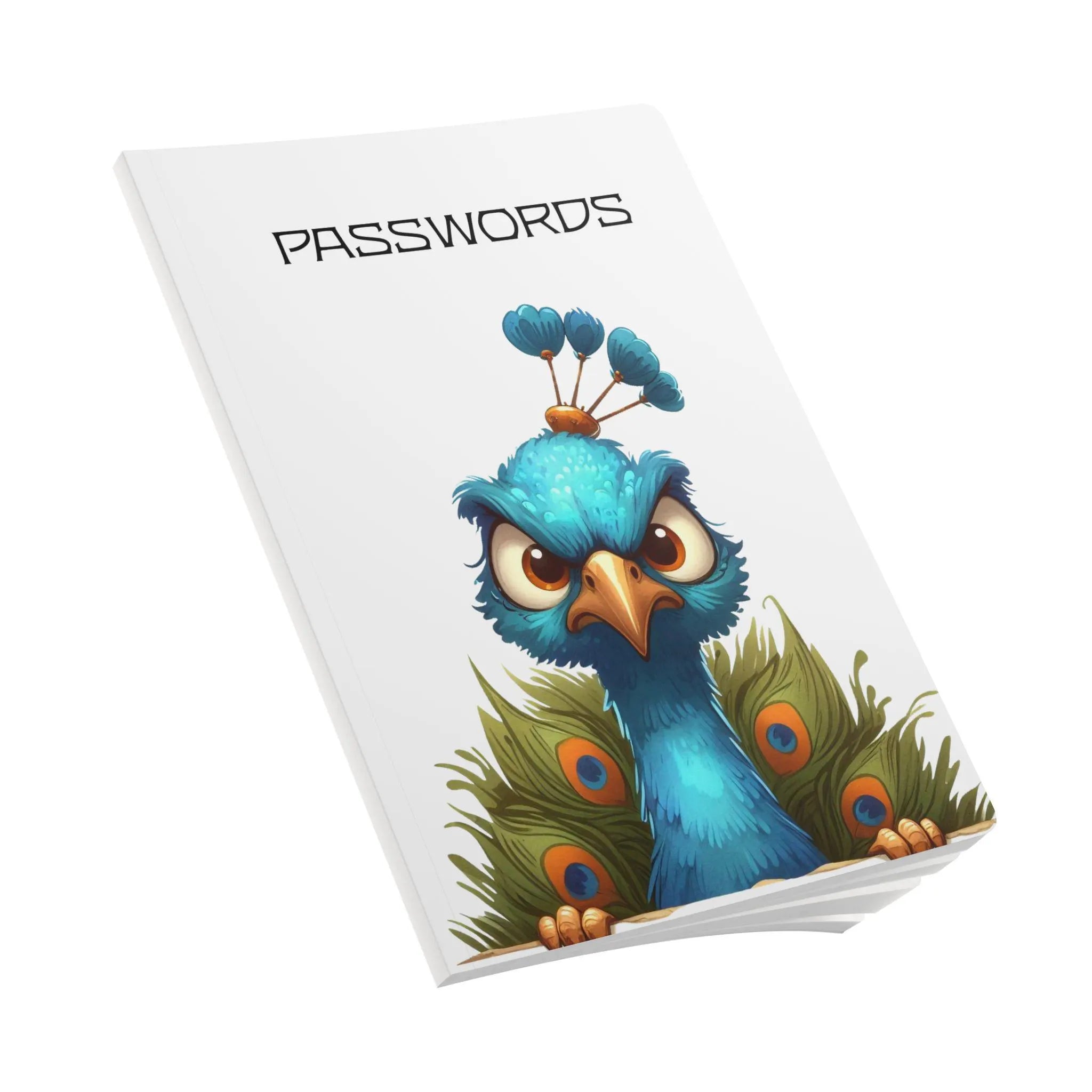 Softcover passwords journal featuring a blue, angry-looking peacock illustration on the white cover.