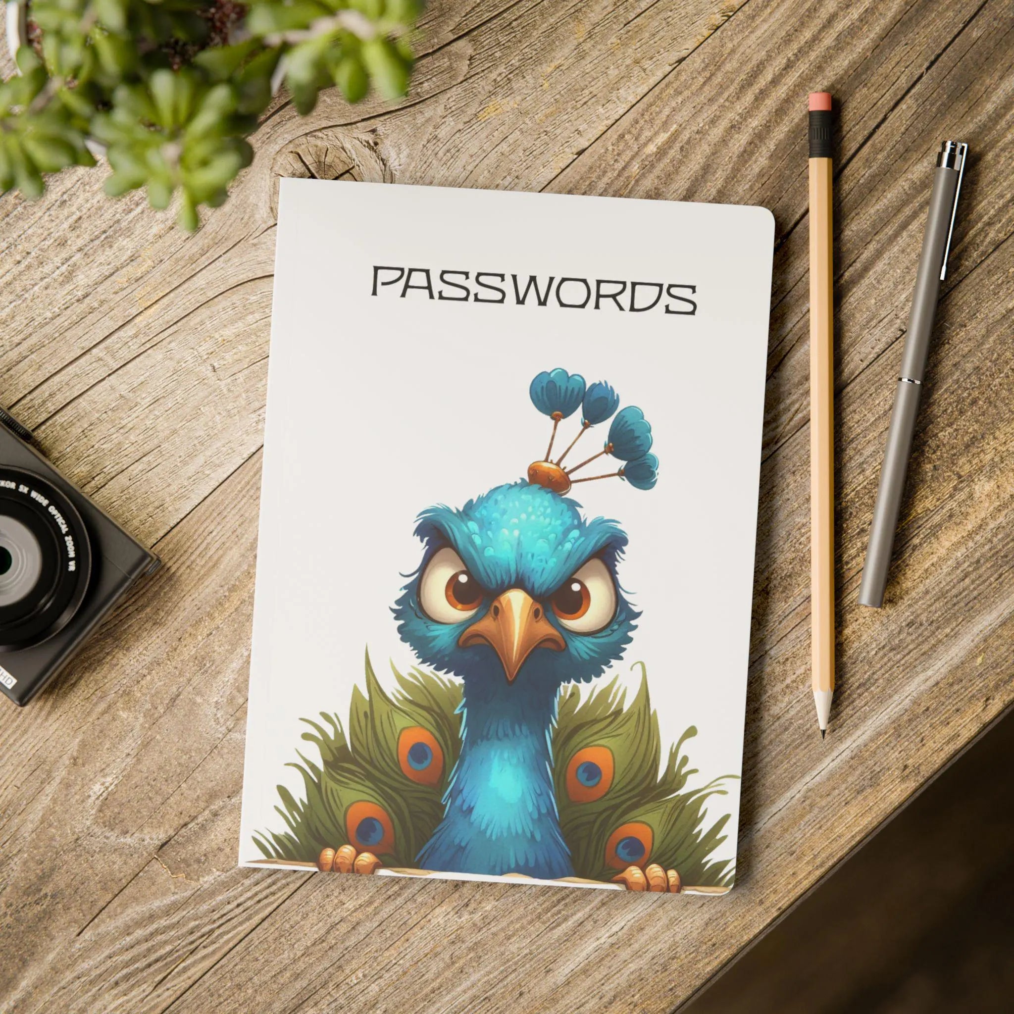 Softcover 'Passwords' journal with an angry blue peacock illustration on a rustic wooden desk with office supplies.