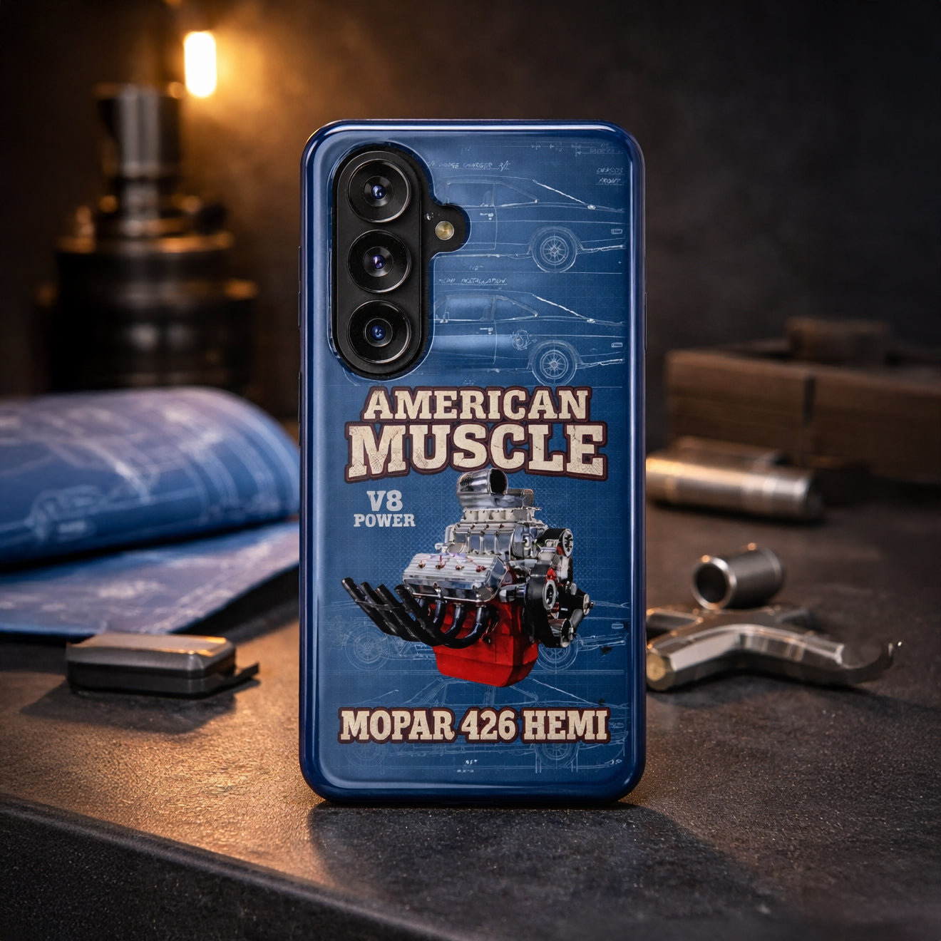 Phone case with American Muscle design on a workshop background