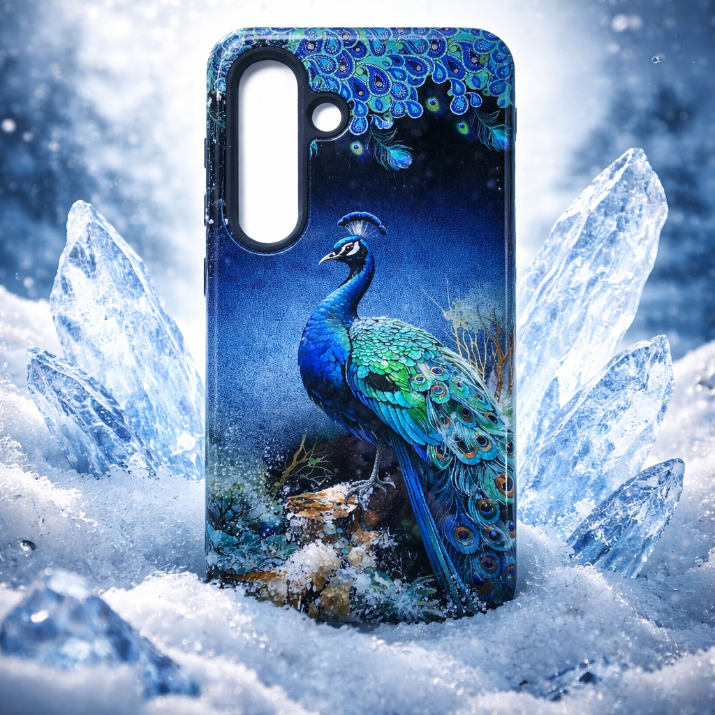 Phone case with a peacock design in a snowy landscape