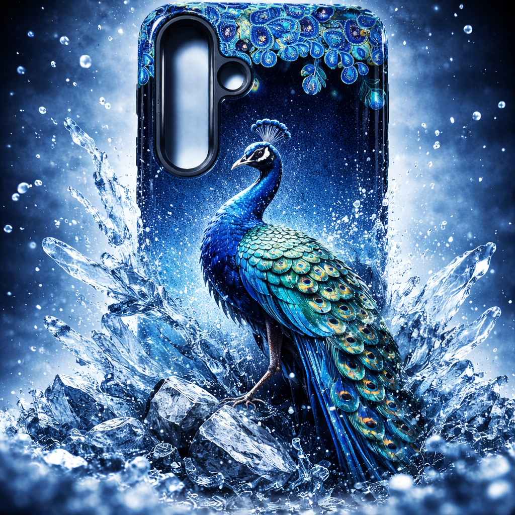 Phone case with peacock design against a water splash background