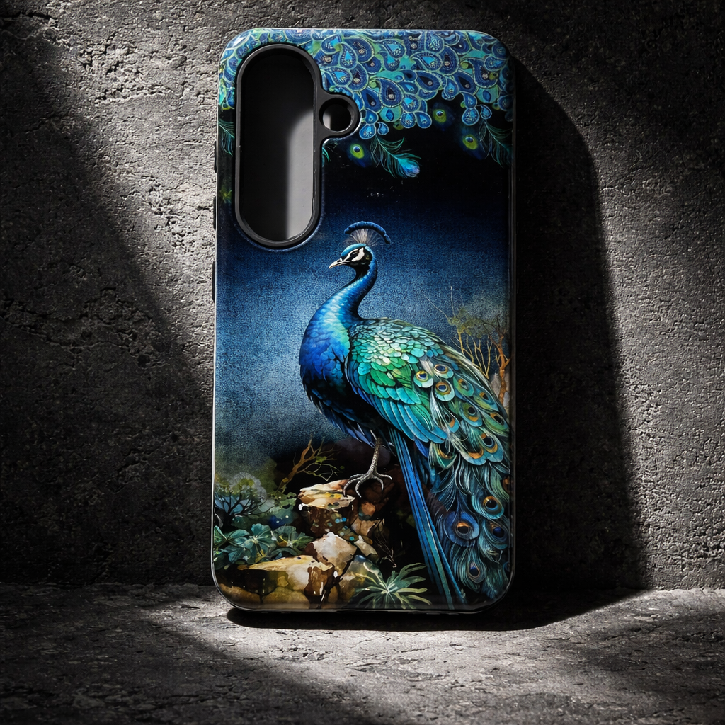 Phone case with a peacock design on a dark background