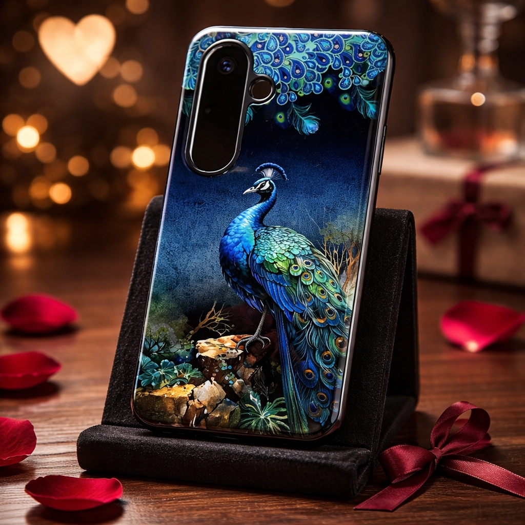 Phone case with peacock design on a stand with blurred lights and rose petals in the background