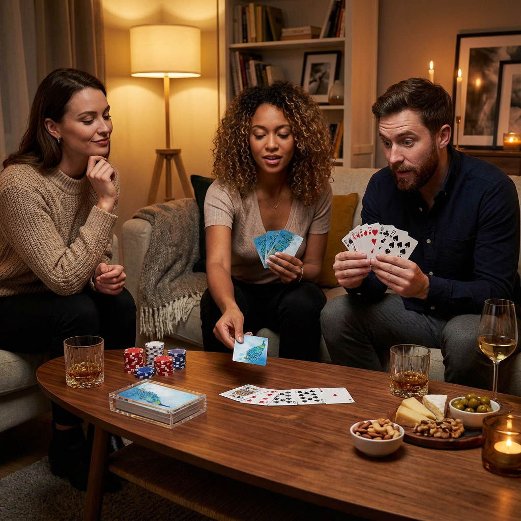 Three friends play poker on a wood table using the Peacock Poker Deck, with chips and snacks in a cozy living room.