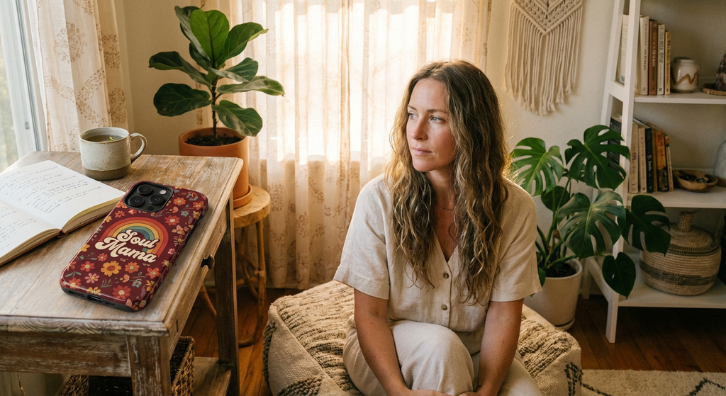 Boho Rainbow Soul Mama phone case with deep red pattern and graphic, resting on a natural pouf in a sunlit bohemian home nook.