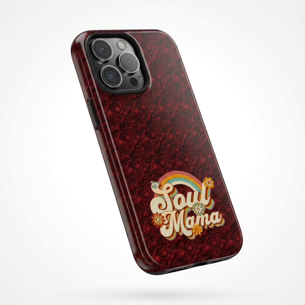 Close-up of the glossy dark red Boho Rainbow Shirt Soul Mama tough phone case with a vibrant retro graphic and stylish protection details.