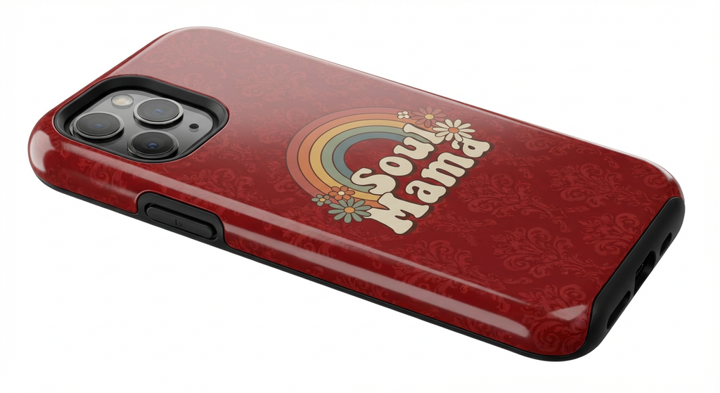 Lifestyle photo of the glossy Boho Rainbow Soul Mama phone case by Jeffs Creations, floating in a creative studio, showing the retro graphic.