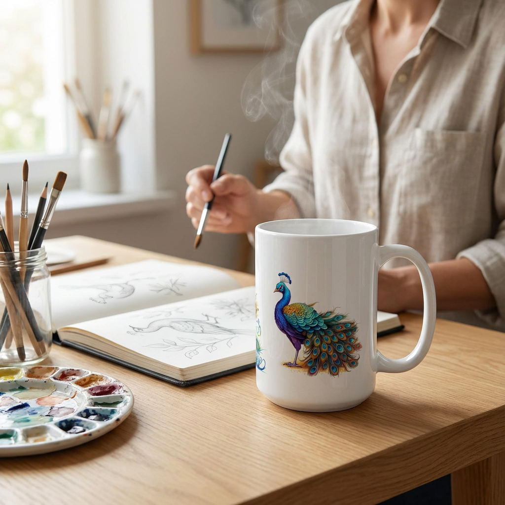Steaming watercolor peacock coffee mug on a desk with an artist sketching in a studio setting.