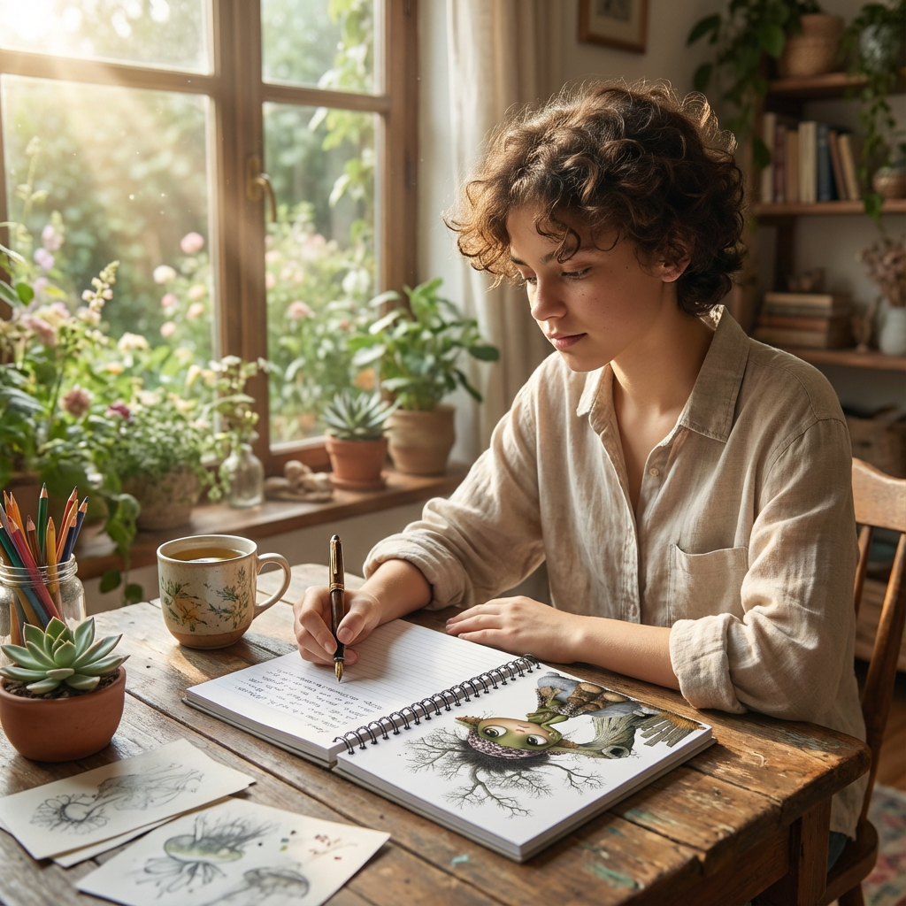 A person writes in the open Whimsical Fairy Spiral Notebook by Jeffs Creations, displaying ruled pages and fairy art on a sunlit desk.