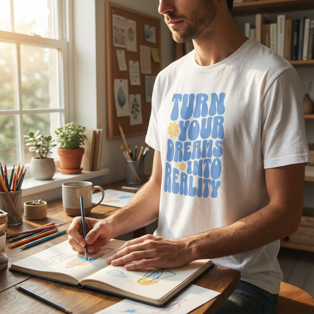 A man wearing the Retro Flower "Turn Your Dreams Into Reality" Tee while sketching at a sunlit desk with art supplies.