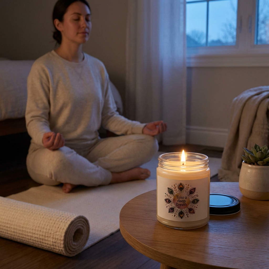 Woman meditating by a lit Take a Deep Breath soy jar candle with a mandala design, creating a calm aromatherapy space.