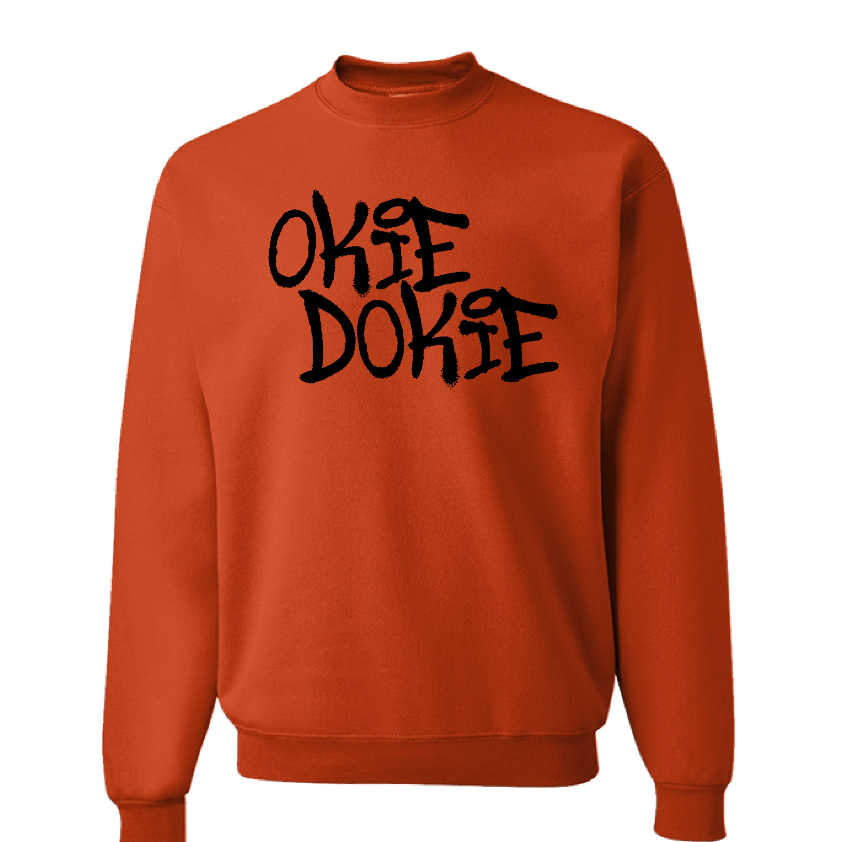 Fallout Amazon Show Orange sweatshirt with 'OKIE DOOKIE' text.