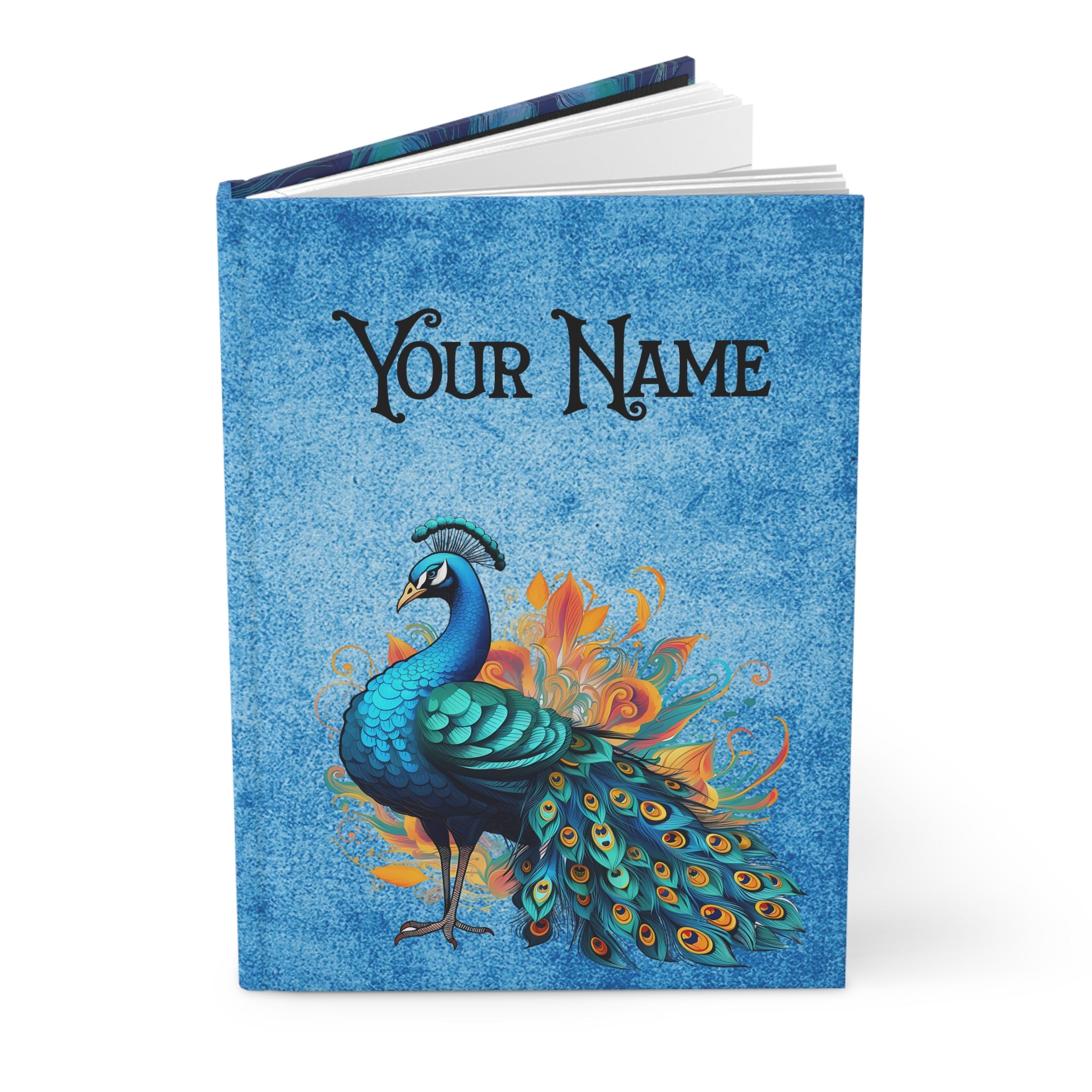 Notebook with a peacock design and 'Your Name' text on a blue background