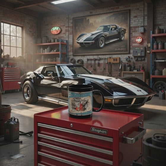 Black coffee mug with 1970 L88 Chevy Big Block engine. Guess the Engine #1