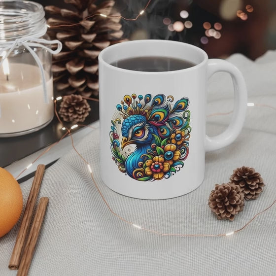 Beautify peacock on white coffee mug