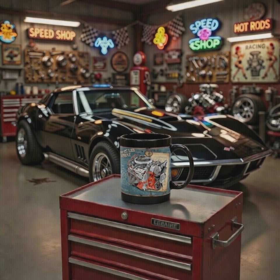 Black coffee mug with 1968 L88 Chevy Big Block engine. Guess the Engine #1