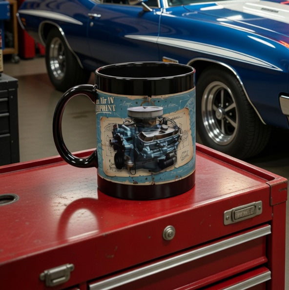 Guess the Engine - #4 Pontiac Ram Air IV Engine Blueprint Black Mug – Classic Car Mechanic Coffee Cup (11oz/15oz)